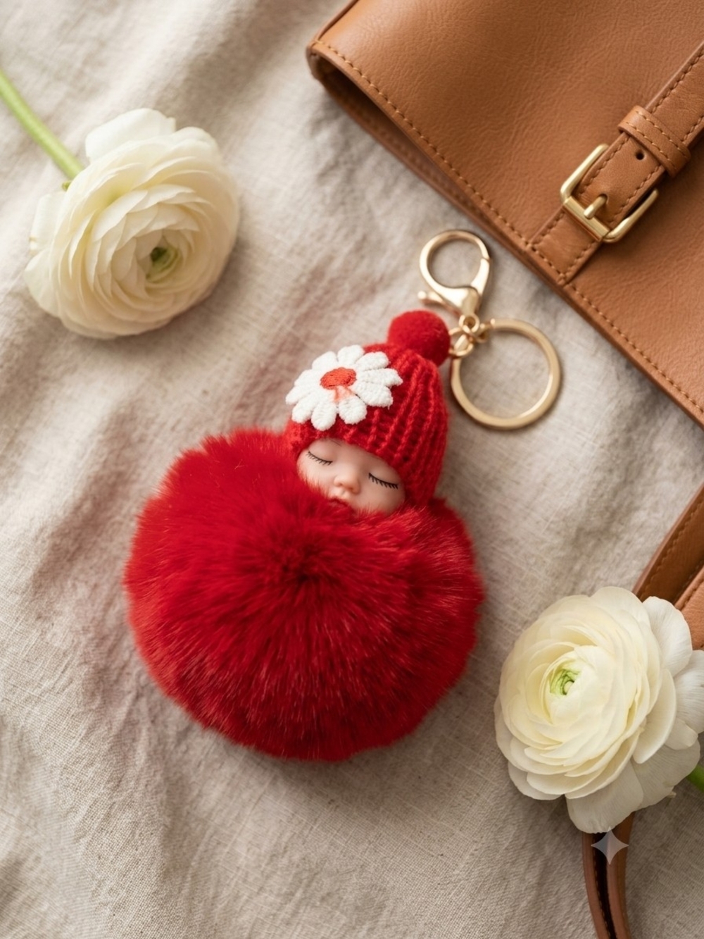 Red Pom Pom Baby Doll Keychain - Kids Accessories / Bag Charms
